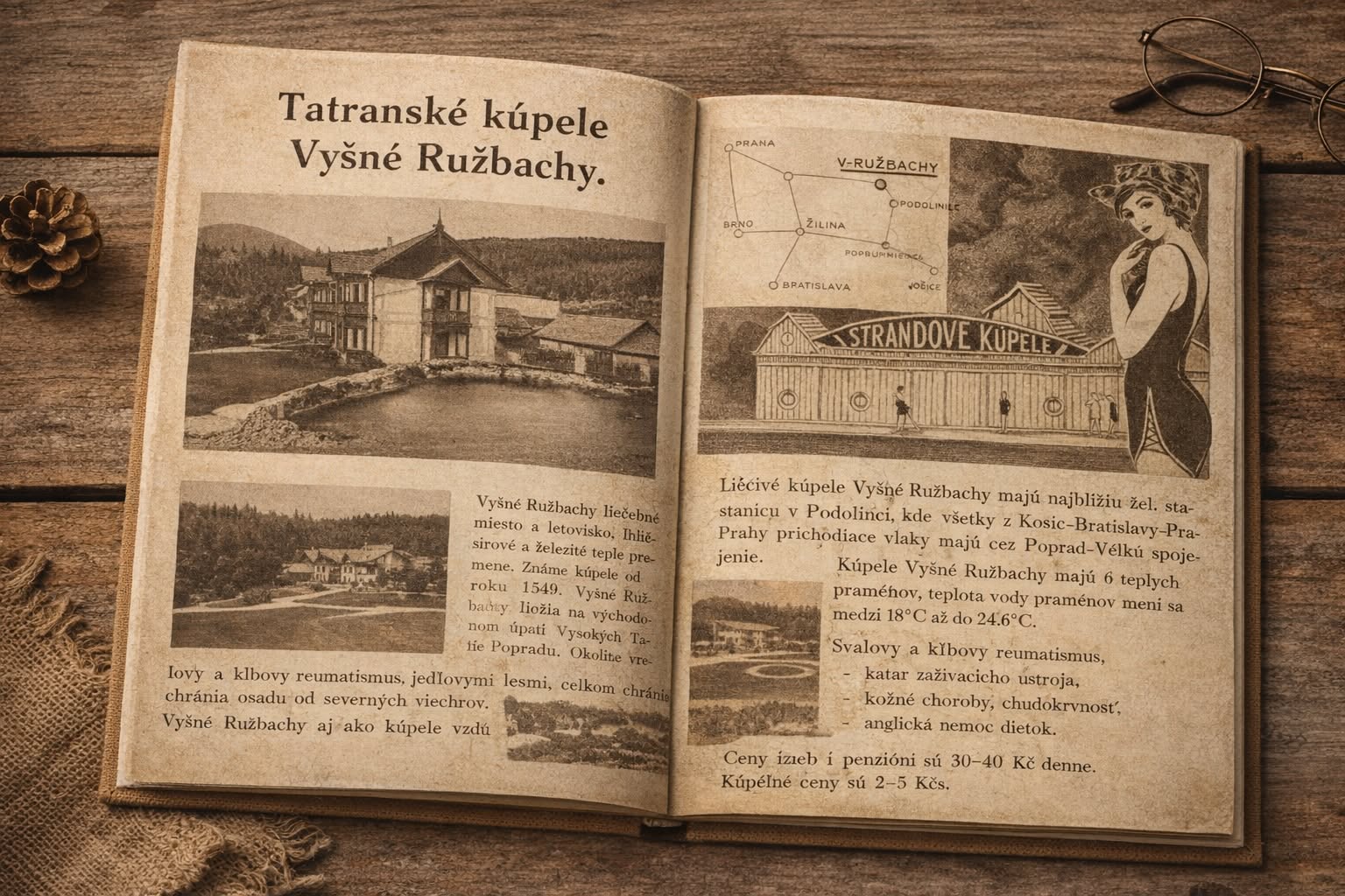 Otvorená stará kniha s textom a historickými ilustráciami kúpeľov Vyšné Ružbachy na drevenom stole.
